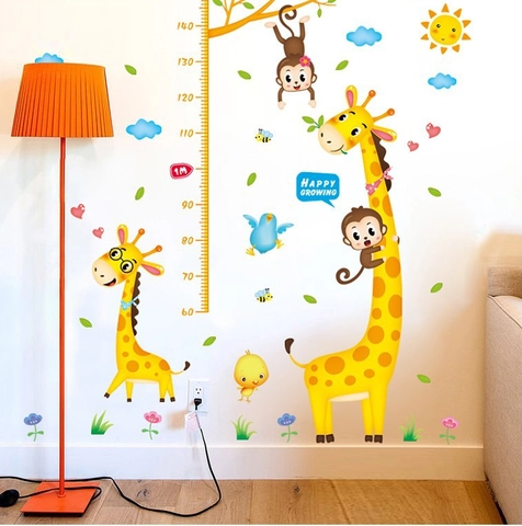 Dibujos Animados Jirafa Mono Medición de Altura Pegatina de Pared Impermeable PVC Decorativo Para Habitación de Niños