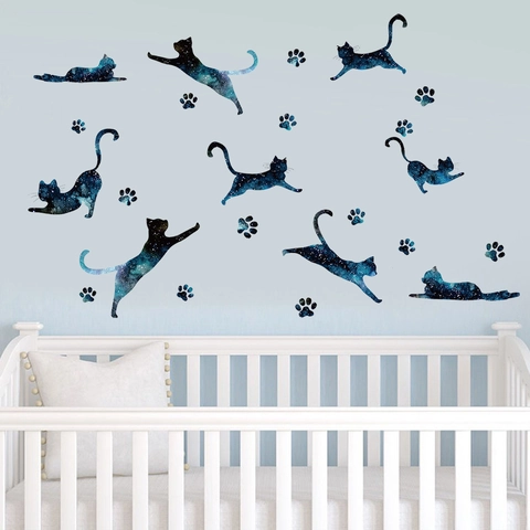 Adesivi Murali Gatti Stellati Rimovibili in PVC Galassia Silhouette Animale Decalcomania per Cameretta Soggiorno Casa