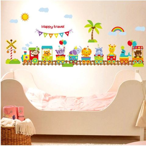 Cartoon Animal Train Wall Stickers For Children Room Colorful PVC Removable Wall Decals Nursery Bedroom Home Decorations