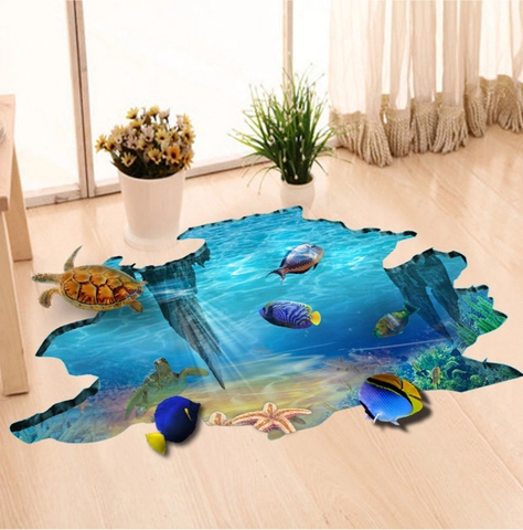 Pegatina de Suelo 3D Mundo Submarino Tortuga Marina Pez Arrecife de Coral Removible PVC Impermeabile Decoración