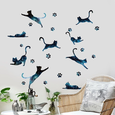Adesivi Murali Gatti Stellati Rimovibili in PVC Galassia Silhouette Animale Decalcomania per Cameretta Soggiorno Casa