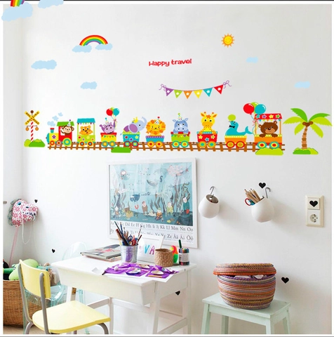Cartoon Animal Train Wall Stickers For Children Room Colorful PVC Removable Wall Decals Nursery Bedroom Home Decorations