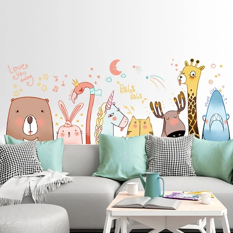 Cartoon Tier Wandaufkleber PVC Wasserdicht Abnehmbar Bär Hase Einhorn Flamingo Aufkleber Für Kinderzimmer Schlafzimmer Dekoration
