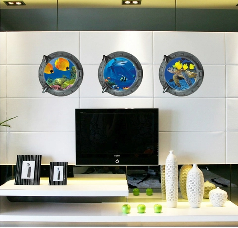 3D Onderzeeër Patrijspoort Onderzee Leven PVC Muurstickers Haai Zeeschildpad Tropische Vis Patroon Kinderkamer Decoratie