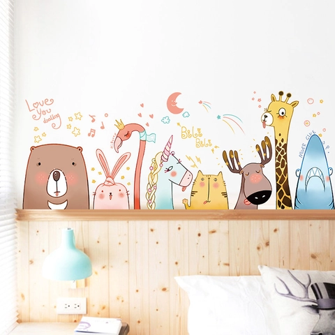 Cartoon Tier Wandaufkleber PVC Wasserdicht Abnehmbar Bär Hase Einhorn Flamingo Aufkleber Für Kinderzimmer Schlafzimmer Dekoration