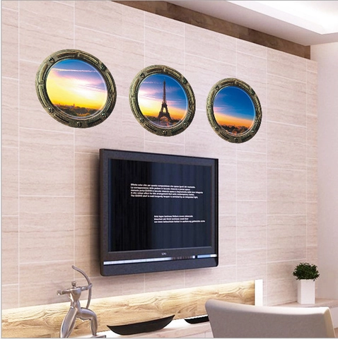 Pegatina de Pared 3D Ojo de Buey Torre Eiffel Paisaje Calcomanía de PVC Extraíble para Sala de Estar Dormitorio Hogar