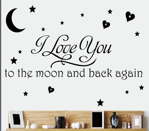 Adesivo da Parete Con Citazione I Love You To The Moon And Back Again In PVC Removibile Con Stelle Luna Cuore Per Camera Bambini