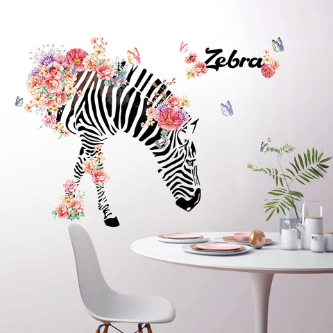 Adesivo Murale Zebra Floreale Nordico Decalcomania Decorativa in PVC Removibile Con Farfalle Colorate Per Soggiorno Casa