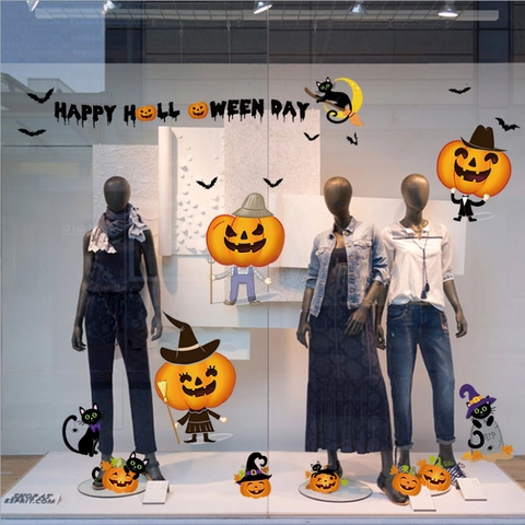 Halloween Kürbis Fensteraufkleber PVC Wasserdicht Abnehmbar Wandtattoo Fledermaus Schwarze Katze Halloween Deko SK6074