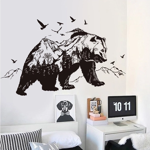 Berg Beer Bos Muursticker Verwijderbaar PVC Dubbele Blootstelling Silhouet Sticker Voor Woonkamer Slaapkamer Natuur Kunst Decor