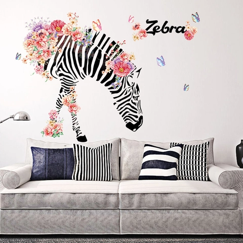 Adesivo Murale Zebra Floreale Nordico Decalcomania Decorativa in PVC Removibile Con Farfalle Colorate Per Soggiorno Casa