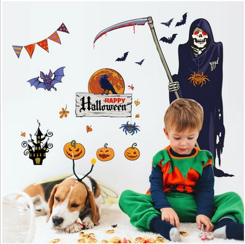 Adesivi Murali di Halloween in PVC Rimovibili Tristo Mietitore Zucca Pipistrello Casa Stregata per Decorazione Bar Casa
