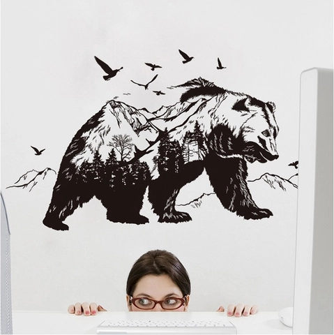 Berg Beer Bos Muursticker Verwijderbaar PVC Dubbele Blootstelling Silhouet Sticker Voor Woonkamer Slaapkamer Natuur Kunst Decor