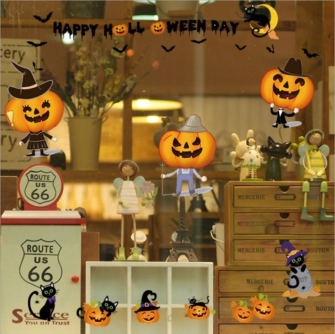 Halloween Kürbis Fensteraufkleber PVC Wasserdicht Abnehmbar Wandtattoo Fledermaus Schwarze Katze Halloween Deko SK6074