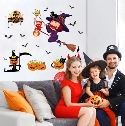 Adesivi Murali di Halloween Decalcomanie in PVC Rimovibili Strega Zucca Pipistrello Gatto Nero Castello per Decorazione Casa