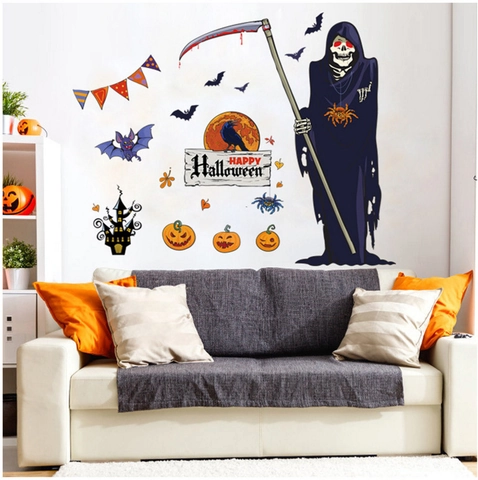 Adesivi Murali di Halloween in PVC Rimovibili Tristo Mietitore Zucca Pipistrello Casa Stregata per Decorazione Bar Casa