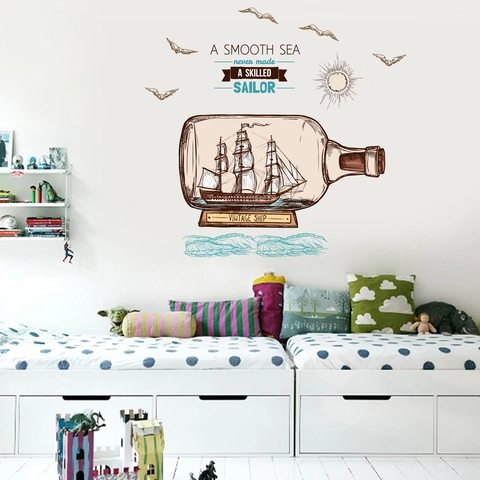 Vintage Sailing Boat Drift Bottle PVC Wall Sticker Nautical Ship Wave Quote Waterproof Wall Decal Home Decor