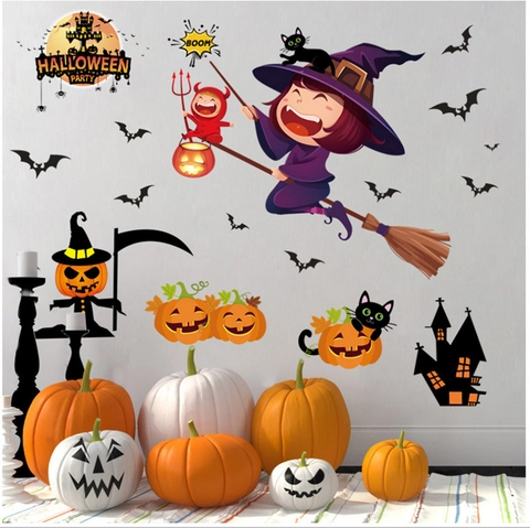 Adesivi Murali di Halloween Decalcomanie in PVC Rimovibili Strega Zucca Pipistrello Gatto Nero Castello per Decorazione Casa