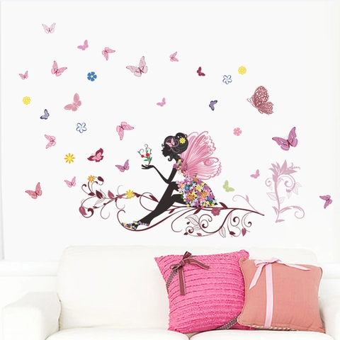 Adesivo Murale in PVC Removibile Fata dei Fiori Farfalla Impermeabile DIY Decalcomania Per Camera da Letto Soggiorno Casa