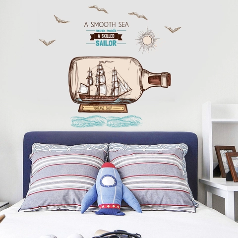 Vintage Sailing Boat Drift Bottle PVC Wall Sticker Nautical Ship Wave Quote Waterproof Wall Decal Home Decor