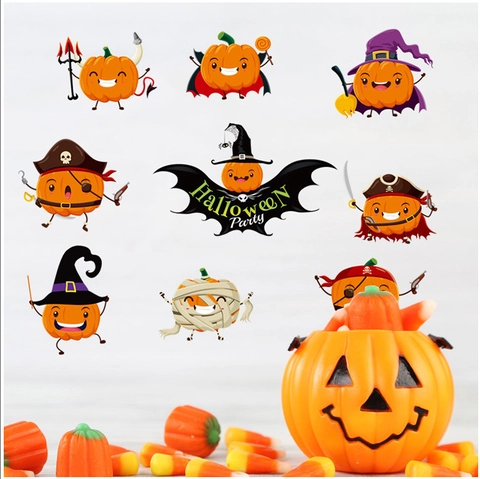 Adesivo da Parete Cartoon Zucca di Halloween Decalcomania in PVC Removibile per Soggiorno Bar Festa Finestra Decorazione Murale Autoadesiva