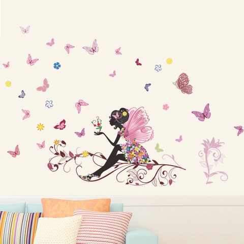 Adesivo Murale in PVC Removibile Fata dei Fiori Farfalla Impermeabile DIY Decalcomania Per Camera da Letto Soggiorno Casa