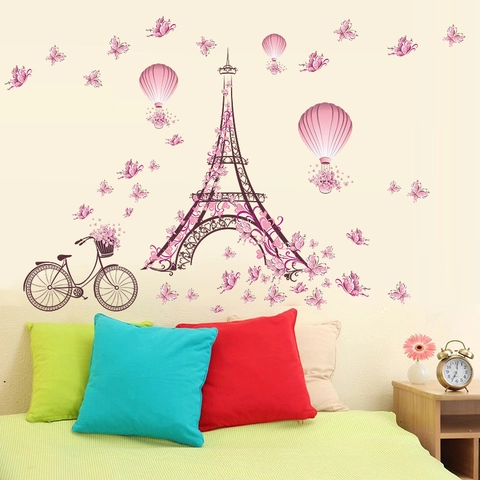 Adesivi Murali Romantici Parigi Torre Eiffel Rosa Farfalle Mongolfiere Bicicletta PVC Impermeabile Removibile Decorazione Casa