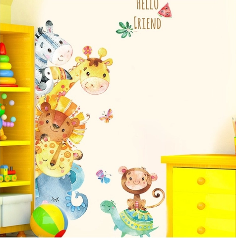 Aquarell Cartoon Tiere Wandtattoo Giraffe Elefant Löwe Zebra Abnehmbare PVC Aufkleber Für Kinderzimmer Schlafzimmer Deko