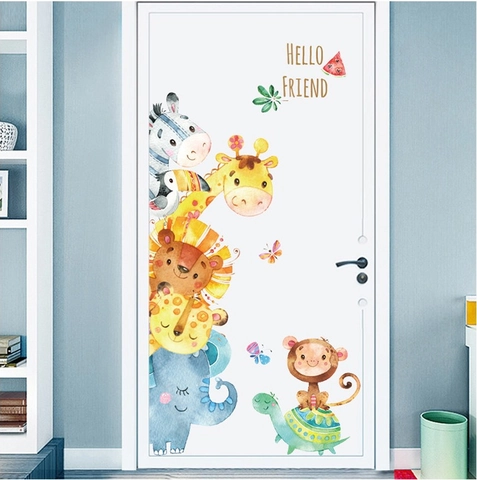 Aquarell Cartoon Tiere Wandtattoo Giraffe Elefant Löwe Zebra Abnehmbare PVC Aufkleber Für Kinderzimmer Schlafzimmer Deko