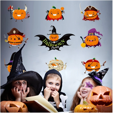 Adesivo da Parete Cartoon Zucca di Halloween Decalcomania in PVC Removibile per Soggiorno Bar Festa Finestra Decorazione Murale Autoadesiva