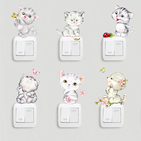 Cartoon Süße Kätzchen PVC Schalter Wandaufkleber Wasserdicht Tier Katze Schmetterling Decals Für Kinderzimmer Haus Dekor