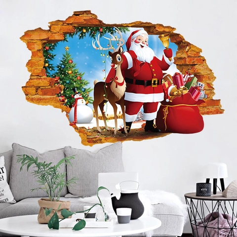 3D Broken Wall Christmas Santa Claus Reindeer Wall Sticker Waterproof PVC Home Decor Decal For Living Room Bedroom Party