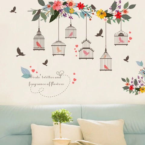 Adesivo da Parete con Gabbia per Uccelli e Fiori in PVC Rimovibile per Soggiorno e Decorazione della Casa