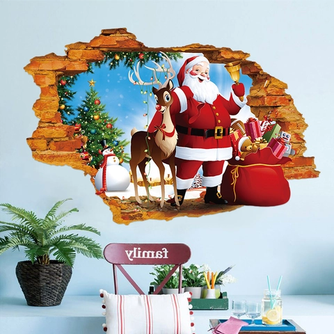 3D Broken Wall Christmas Santa Claus Reindeer Wall Sticker Waterproof PVC Home Decor Decal For Living Room Bedroom Party