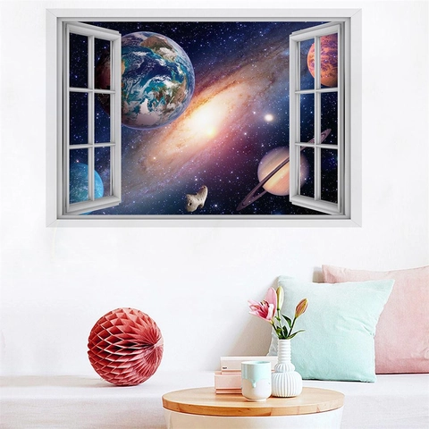 Adhesivo de Pared de Ventana 3D Universo Cielo Estrellado PVC Impermeable Ventana Falsa Vista Planeta Tierra Galaxia Mural para Habitación Infantil Sala