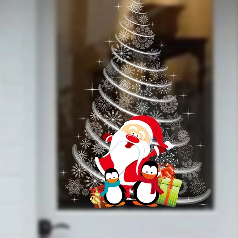 Adesivi per Finestre Albero di Natale Babbo Natale Pinguino PVC Rimovibili Fiocchi di Neve per Porta Vetro Casa Decor