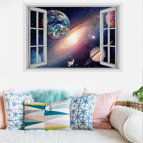 Adhesivo de Pared de Ventana 3D Universo Cielo Estrellado PVC Impermeable Ventana Falsa Vista Planeta Tierra Galaxia Mural para Habitación Infantil Sala