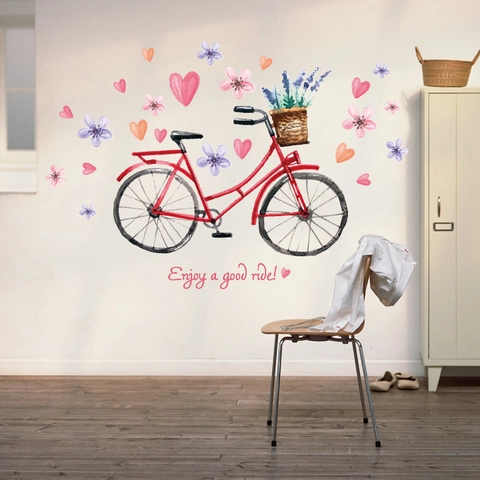 Pegatina de Pared de Bicicleta Vintage en Acuarela Corazón Lavanda PVC Calcomanía para Sala de Estar Dormitorio Decoración de Pared