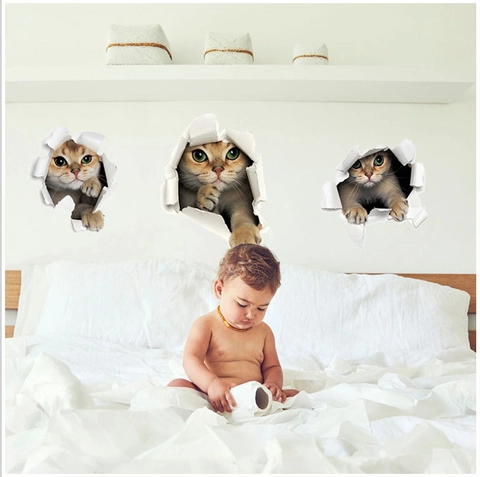 3D Realistische Kat Muurstickers Voor Slaapkamer Woonkamer Decor Verwijderbare Waterdichte PVC Gebroken Muur Decoratie