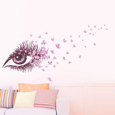 Romantic Pink Purple Butterfly Eye Wall Sticker PVC Removable Flower Heart Art Mural For Living Room Bedroom DIY Wall Decal