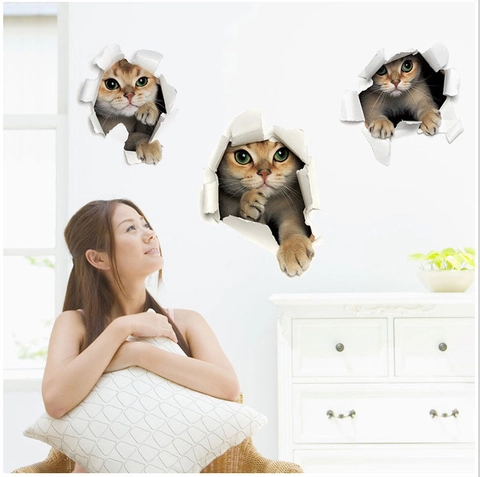 3D Realistische Kat Muurstickers Voor Slaapkamer Woonkamer Decor Verwijderbare Waterdichte PVC Gebroken Muur Decoratie