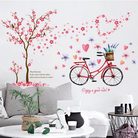 Adesivo da Parete Pastorale Albero di Prugno Bicicletta Rossa Romantico Cuore Fiore DIY Rimovibile Impermeabile PVC Casa