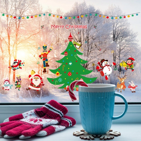Christmas Window Stickers Santa Claus Reindeer Nutcracker Merry Christmas PVC Wall Decals For Home Shop Festive Glass Decoration
