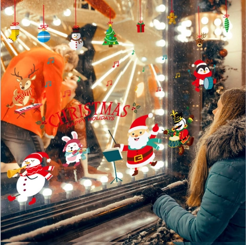 Pegatinas de Pared de PVC con Tema de Música Navideña Dibujos Animados Papá Noel Reno Muñeco de Nieve Pingüino Decoración