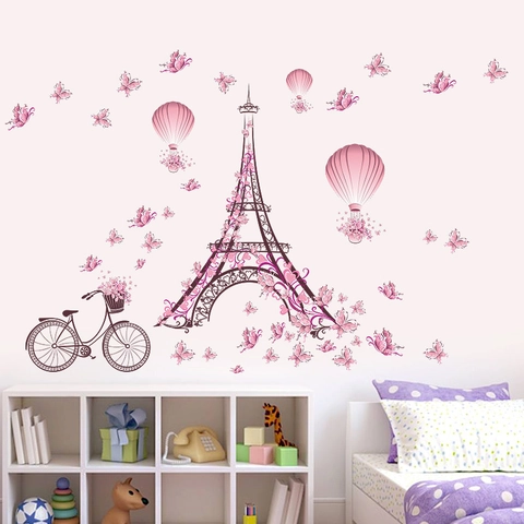 Romantische Roze Parijs Eiffeltoren Muurstickers Roze Vlinders Heteluchtballonnen Fiets PVC Waterdicht Verwijderbare Decoratie