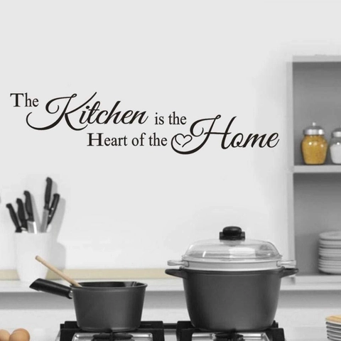 Pegatina de Pared La Cocina Es El Corazón Del Hogar PVC Negro Impermeable Letras Adhesivas Patrón Corazón Decoración Cocina