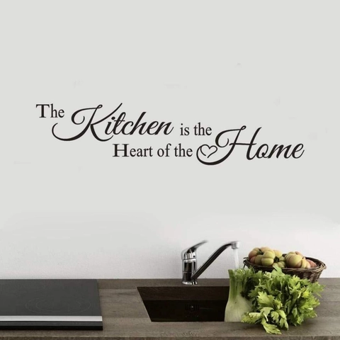 Pegatina de Pared La Cocina Es El Corazón Del Hogar PVC Negro Impermeable Letras Adhesivas Patrón Corazón Decoración Cocina