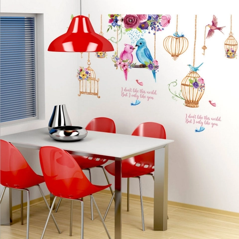 Watercolor Birdcage Birds Flower Wall Sticker Removable PVC Waterproof Wall Decal For Living Room Bedroom Home Wall Decor