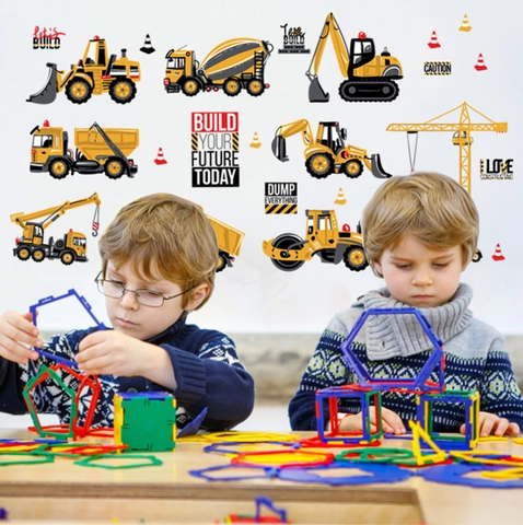 Cartoon Construction Vehicle Wall Stickers For Boys Room Excavator Tractor PVC Waterproof Removable Nursery DIY Decor