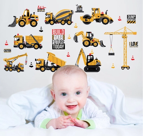 Cartoon Construction Vehicle Wall Stickers For Boys Room Excavator Tractor PVC Waterproof Removable Nursery DIY Decor